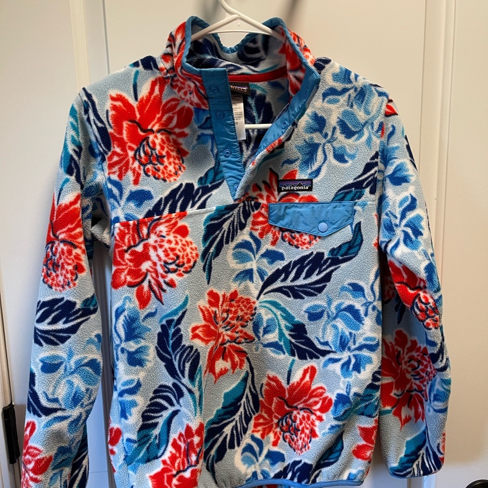 Patagonia Floral Pullover Synchilla Fleece Jacket - Light Blue & Red